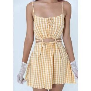 Find Me Now Gingham Mini Dress Size XS Yellow Open Back Cut Out Halter Skater